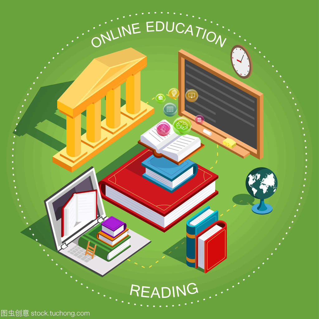 在线教育等轴测图。在图书馆看书学习的概念。平面设计。矢量图
